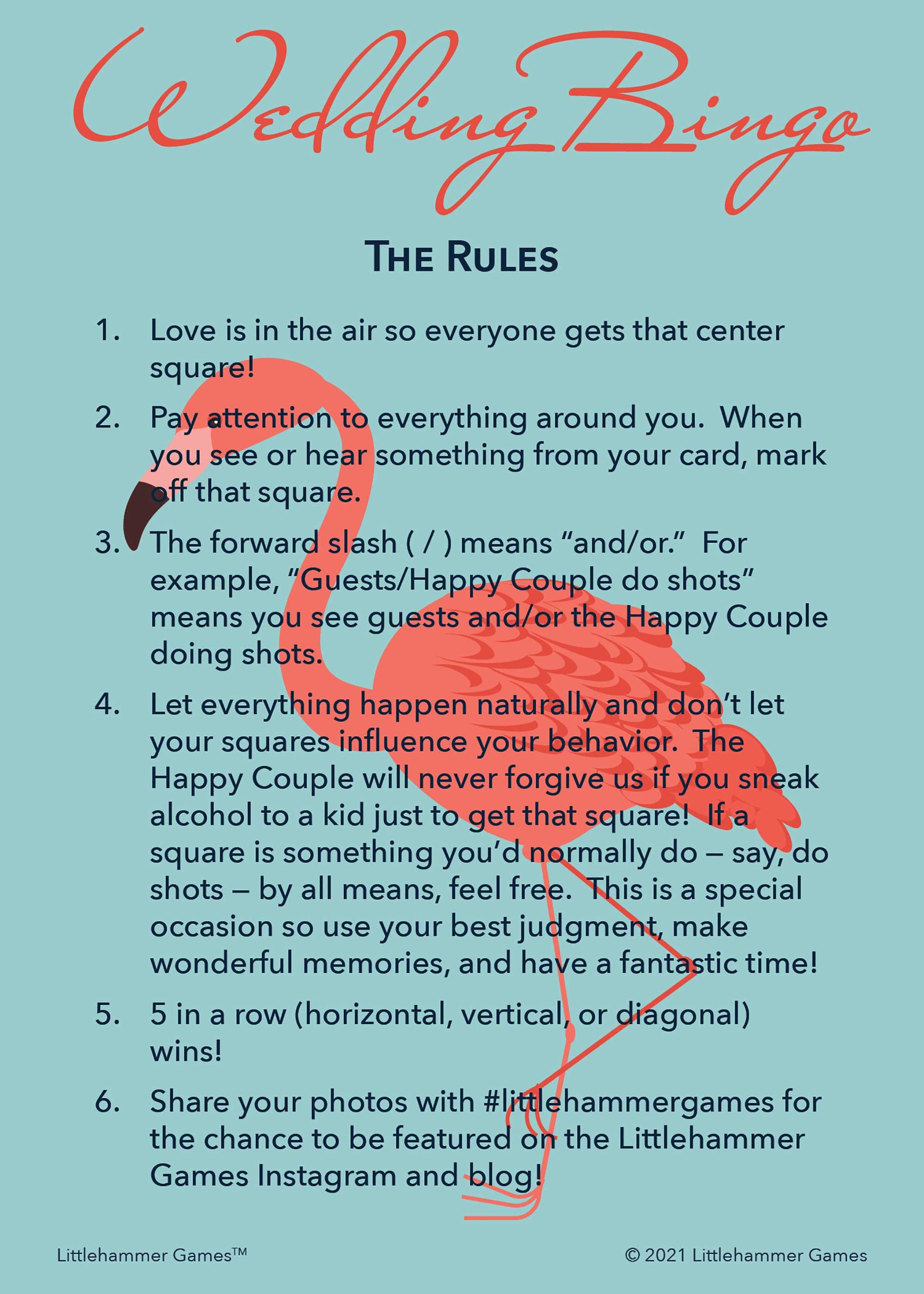 Wedding Bingo rules card on a flamingo background