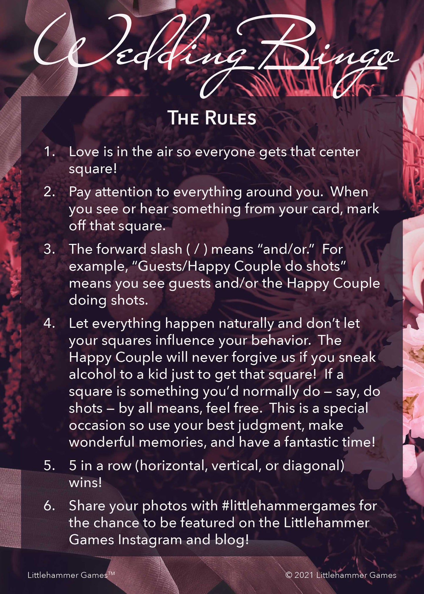 Wedding Bingo rules card on a moody floral background