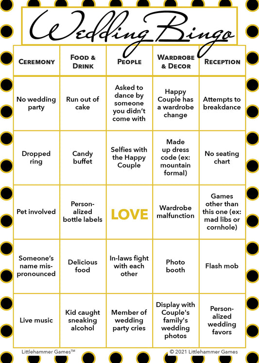 Wedding Bingo game card with a black and gold polka dot background