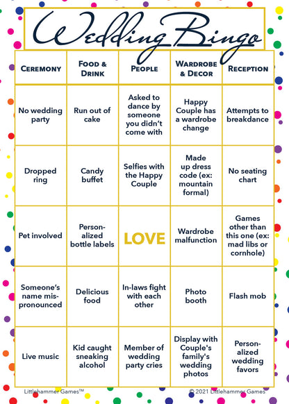 Wedding Bingo game card with a rainbow polka dot background