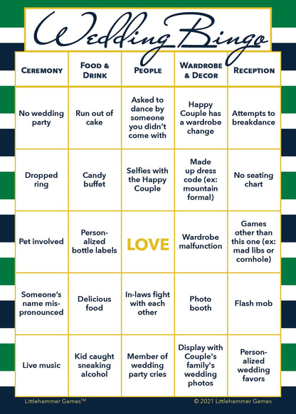 Wedding Bingo game card with a green and navy-striped background