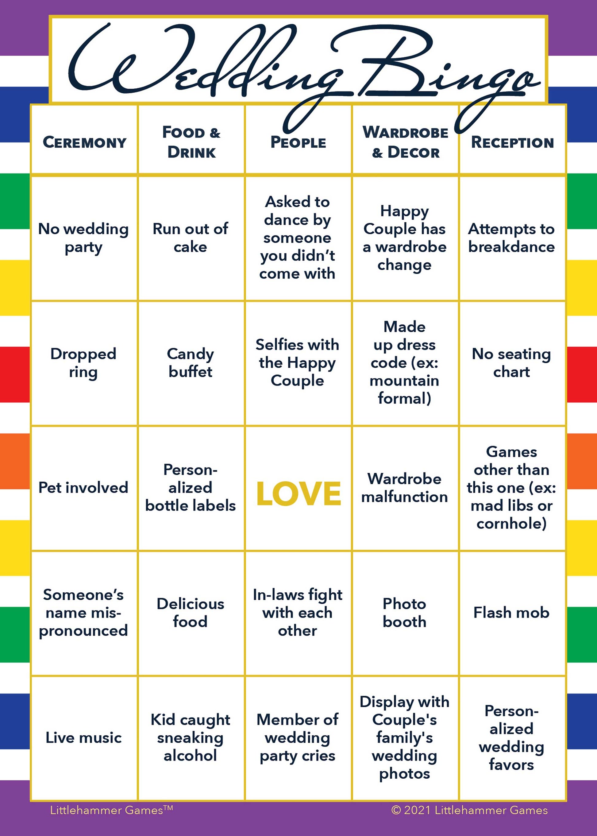 Wedding Bingo game card with a rainbow-striped background