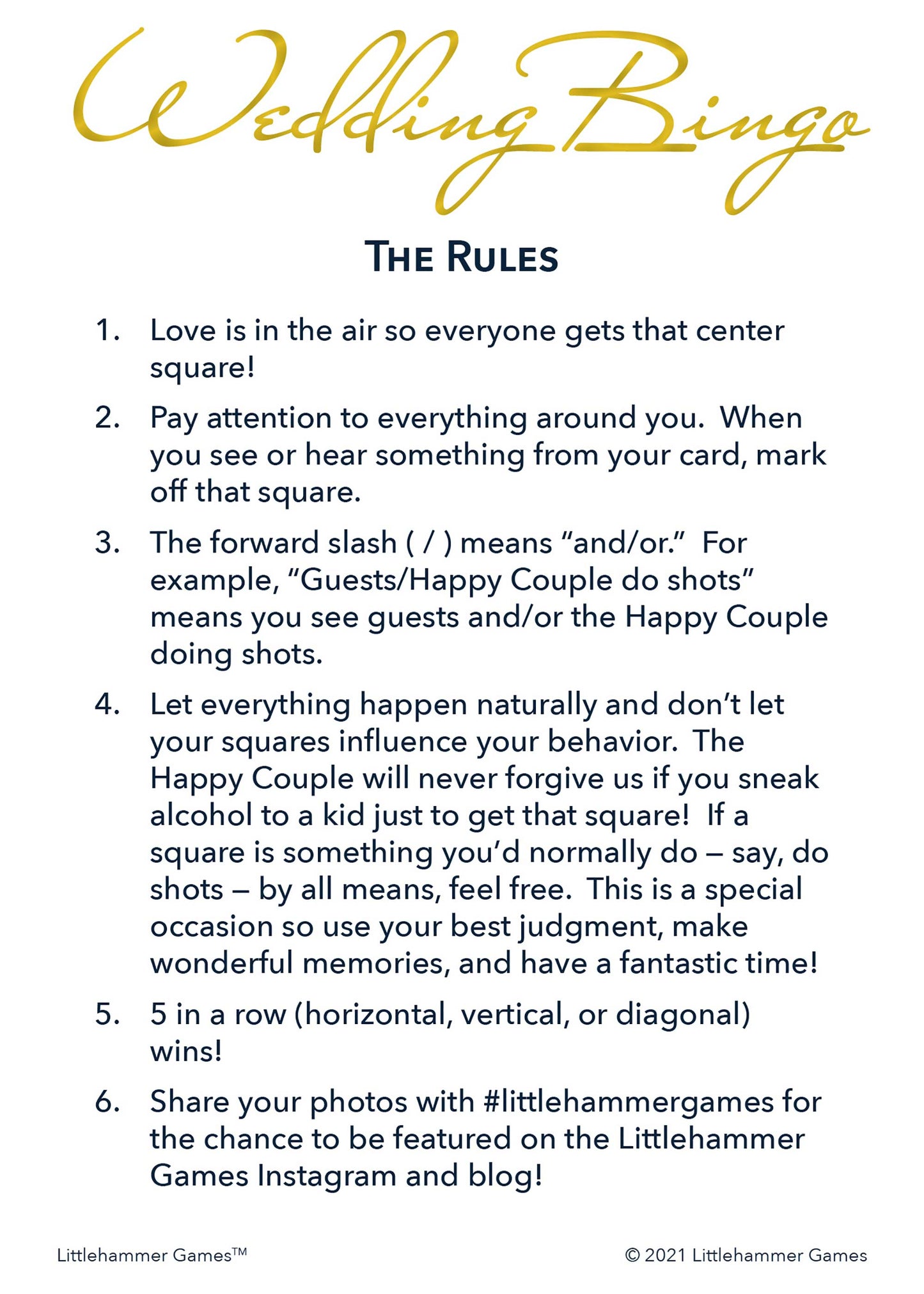 Wedding Bingo rules card on a gold and white background