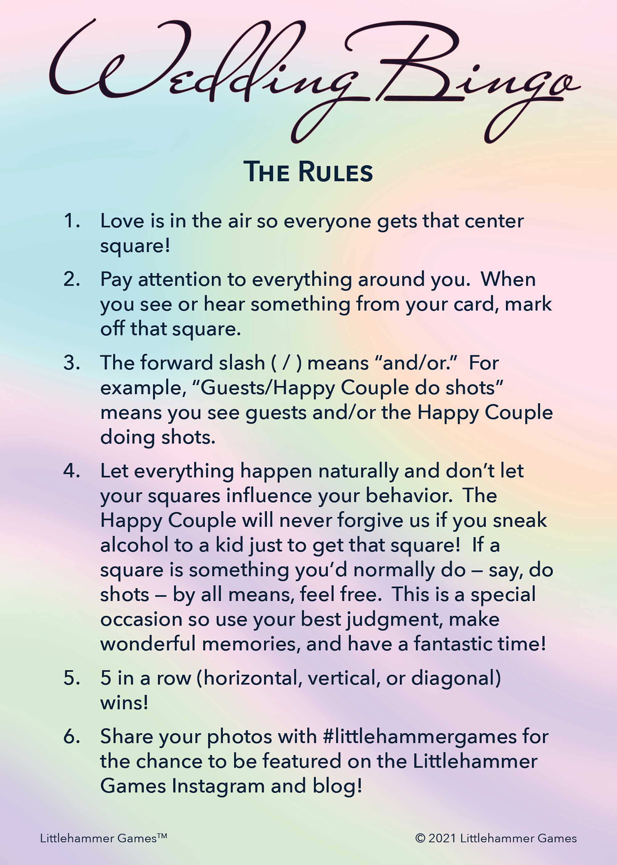 Wedding Bingo rules card on a holographic background