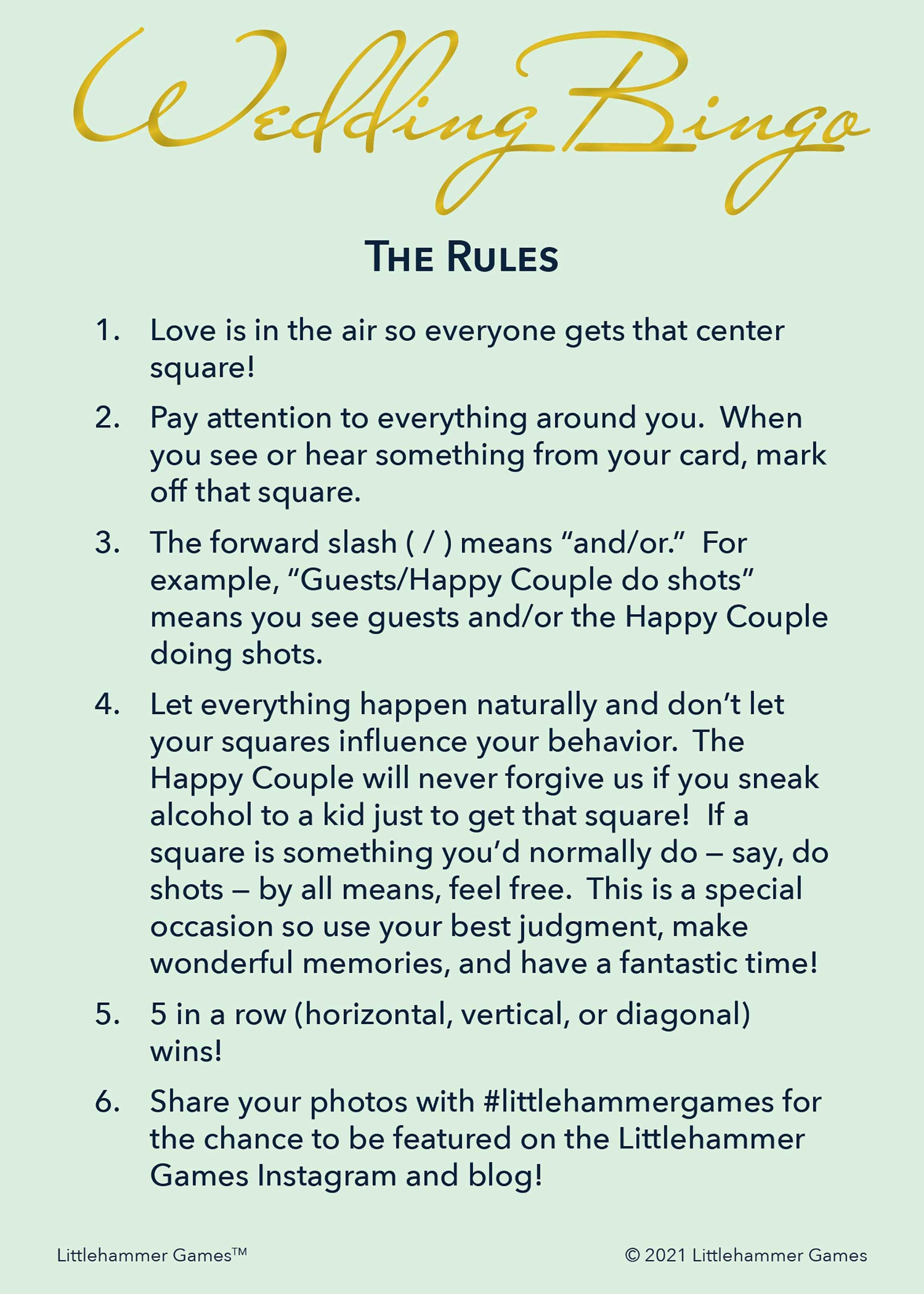 Wedding Bingo rules card on a mint and gold background