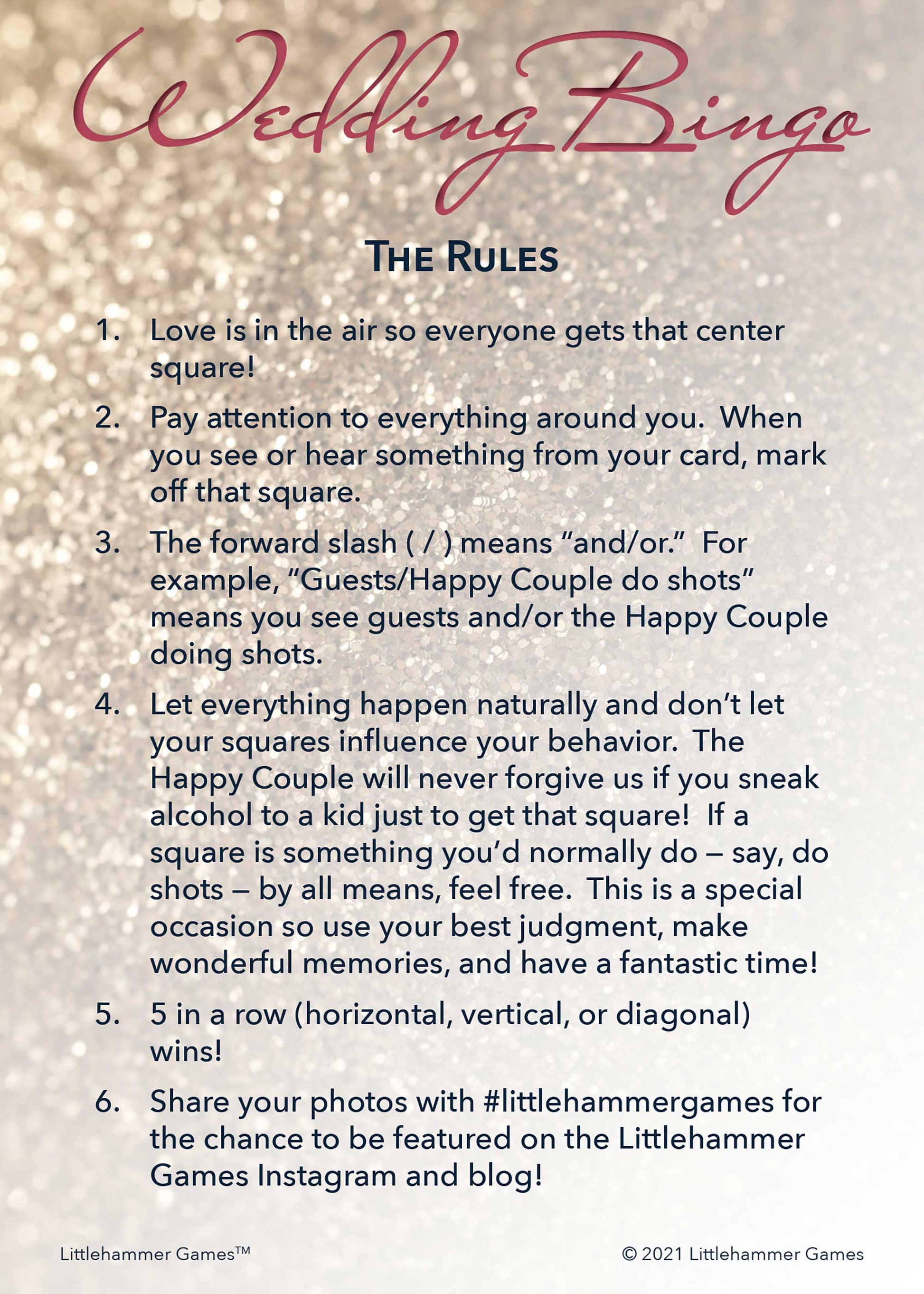 Wedding Bingo rules card on a glittery rose gold background
