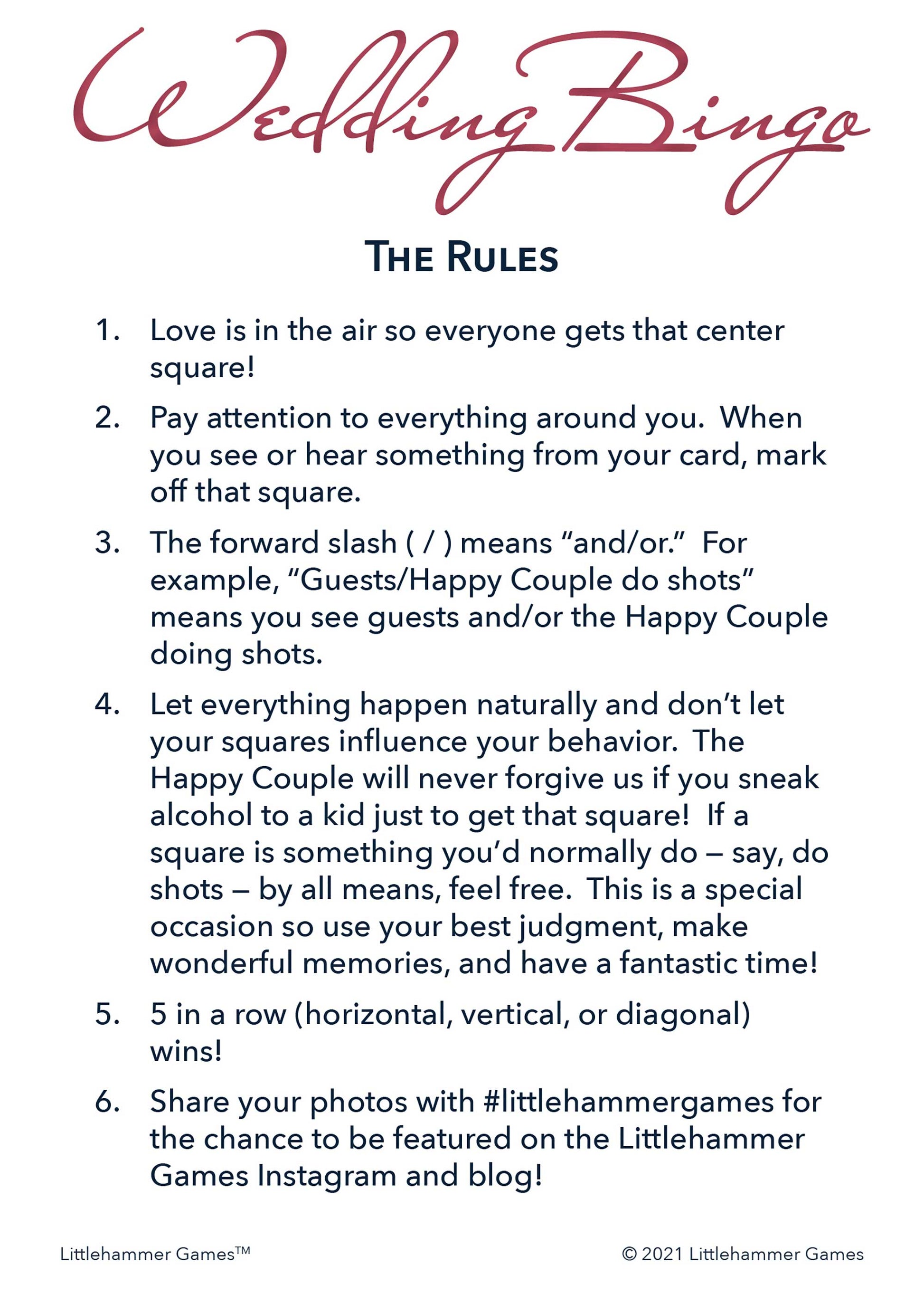 Wedding Bingo rules card on a rose gold and white background