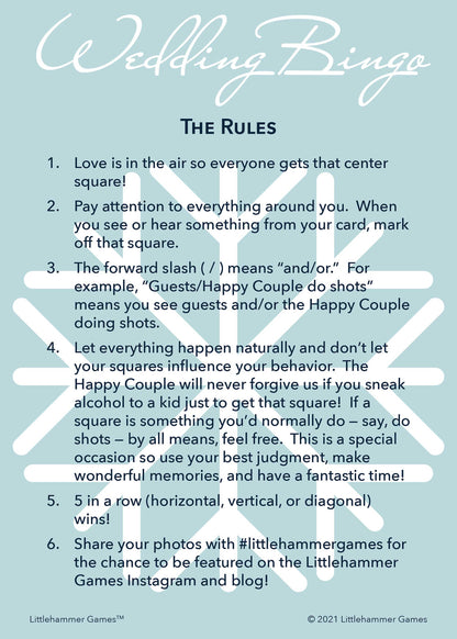 Wedding Bingo rules card on a snowflake background