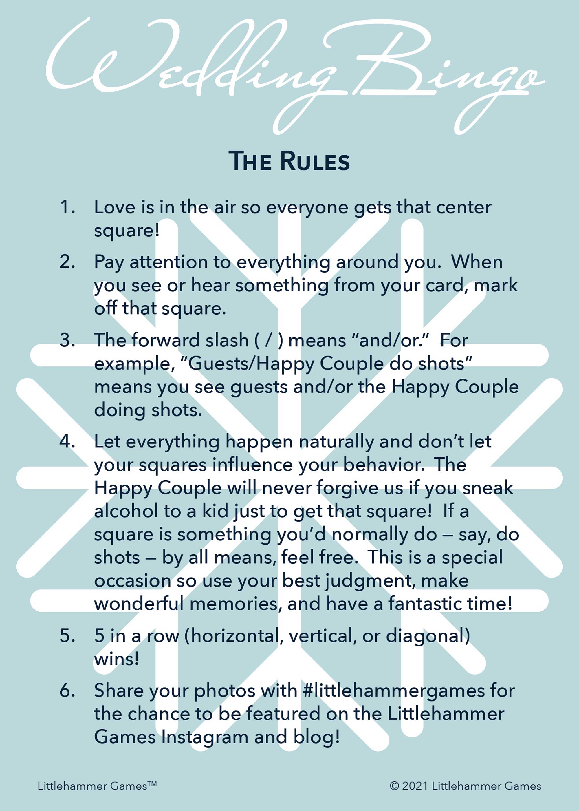 Wedding Bingo rules card on a snowflake background