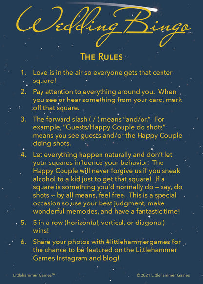 Wedding Bingo rules card on a celestial background
