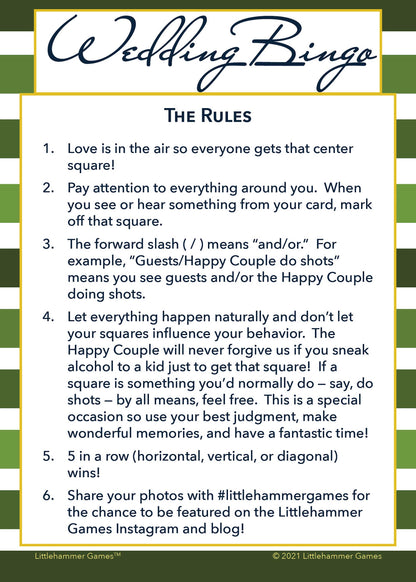 Wedding Bingo rules card on a green-striped background