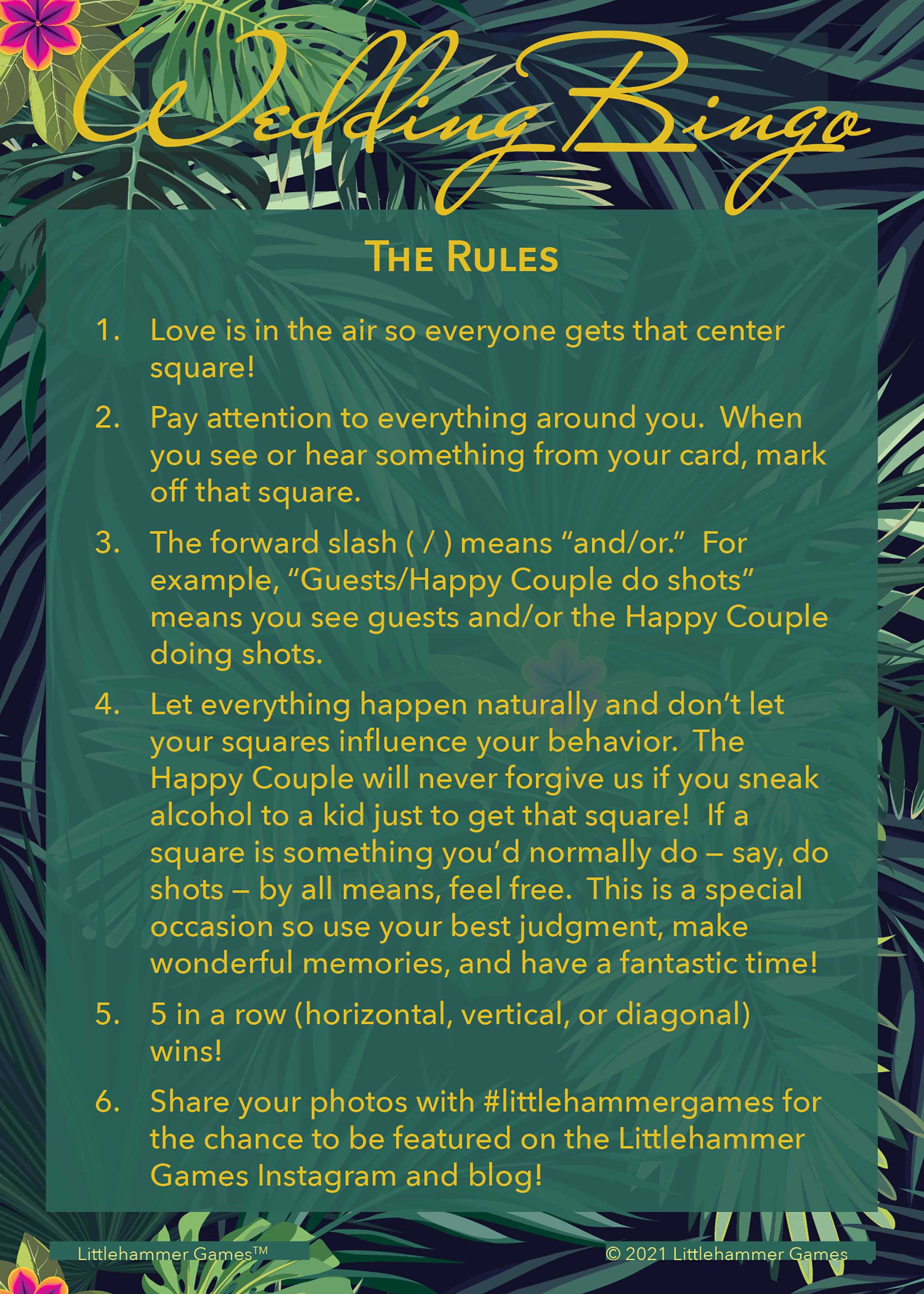 Wedding Bingo rules card on a tropical background