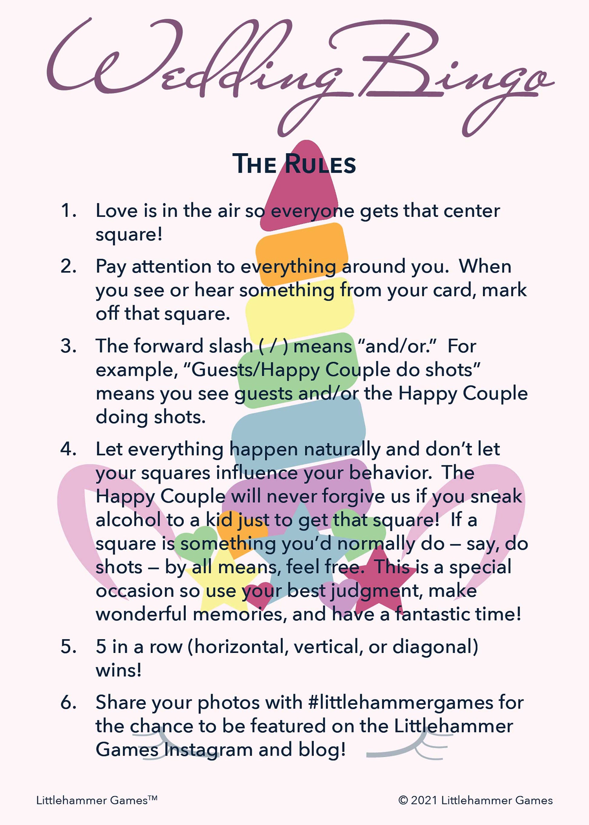 Wedding Bingo rules card on a unicorn background