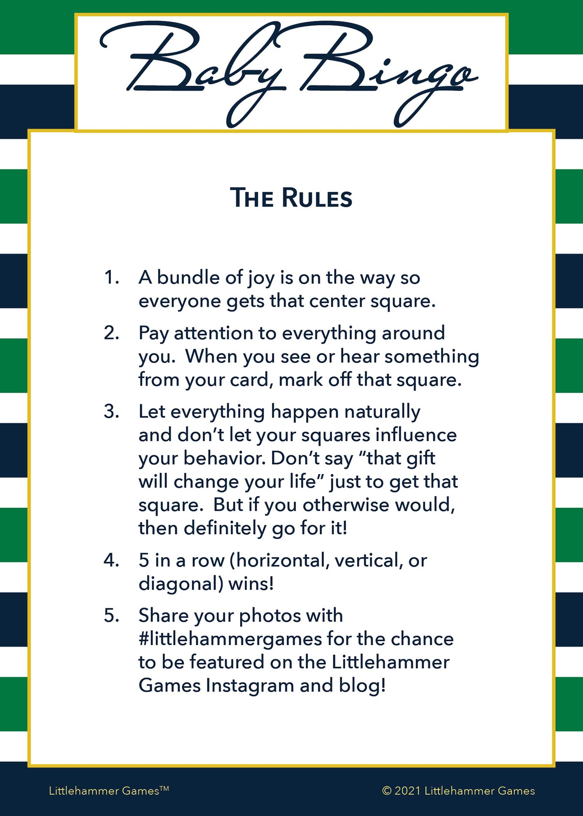 Baby Bingo rules card with a green and navy-striped background