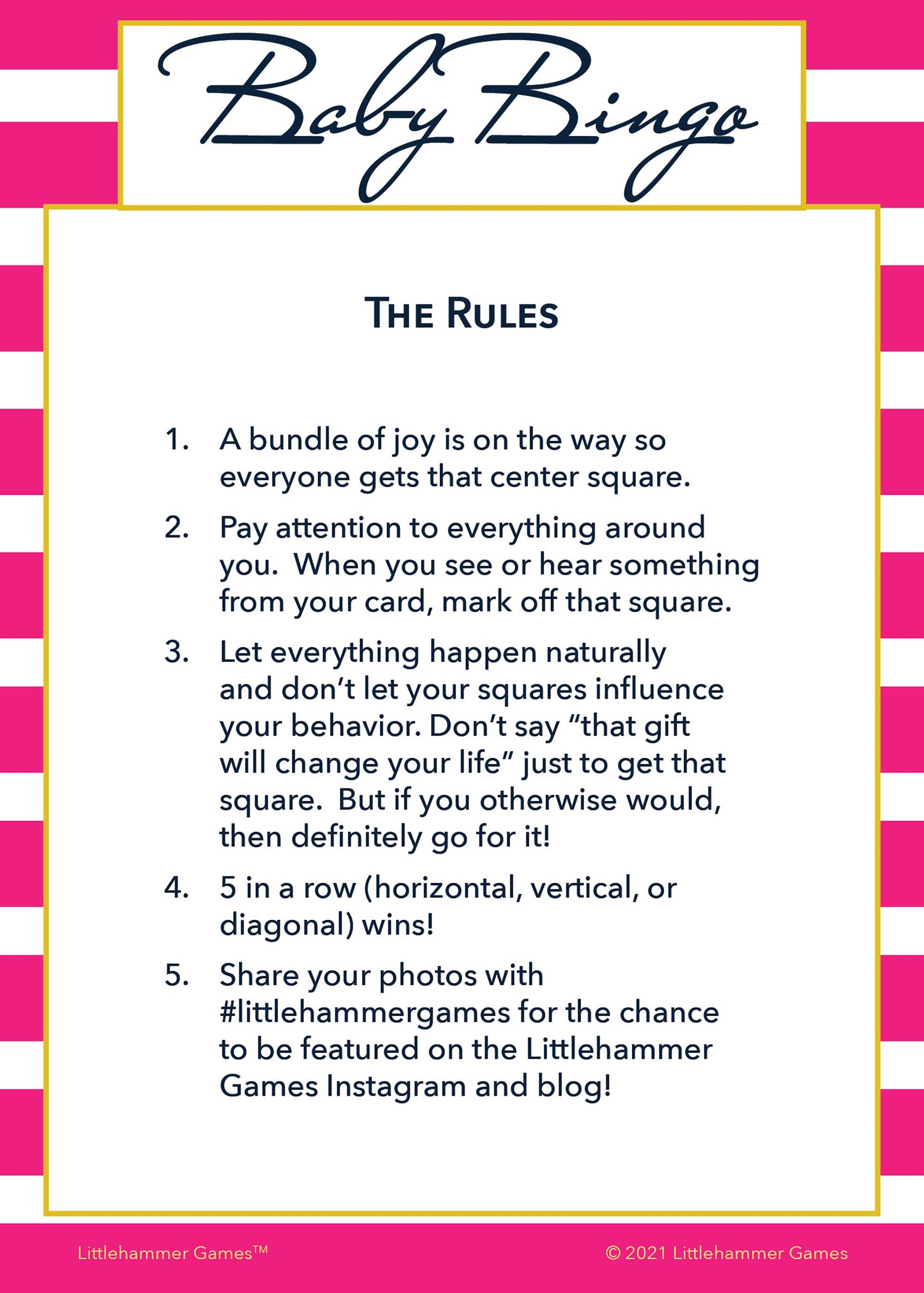 Baby Bingo rules card with a pink-striped background