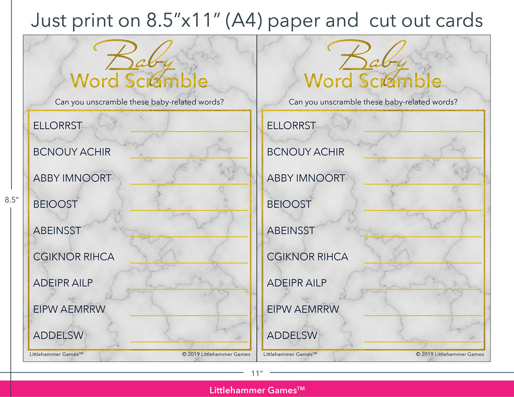 Baby Word Scramble gold and marble game cards with printing instructions