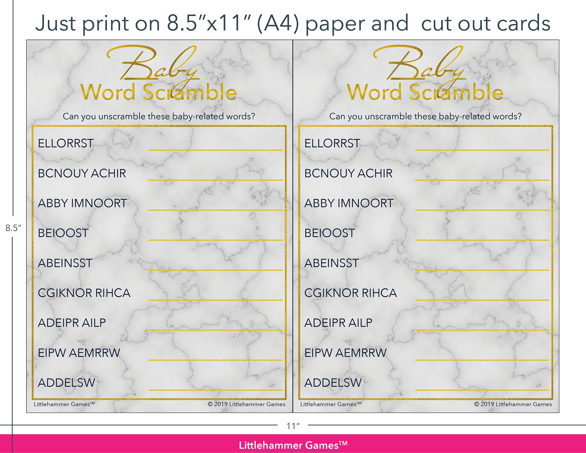 Baby Word Scramble gold and marble game cards with printing instructions