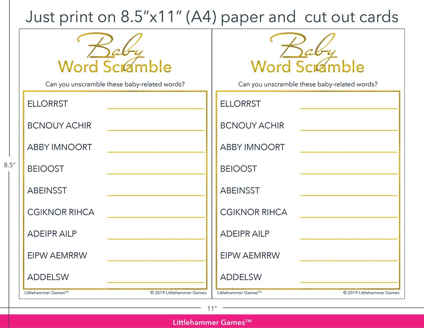 Baby Word Scramble gold game cards with printing instructions