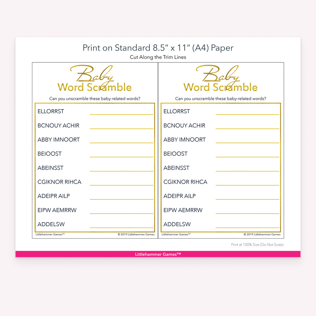 Printable gold and white Baby Word Scramble game card layout showing US Letter size dimensions and printing information