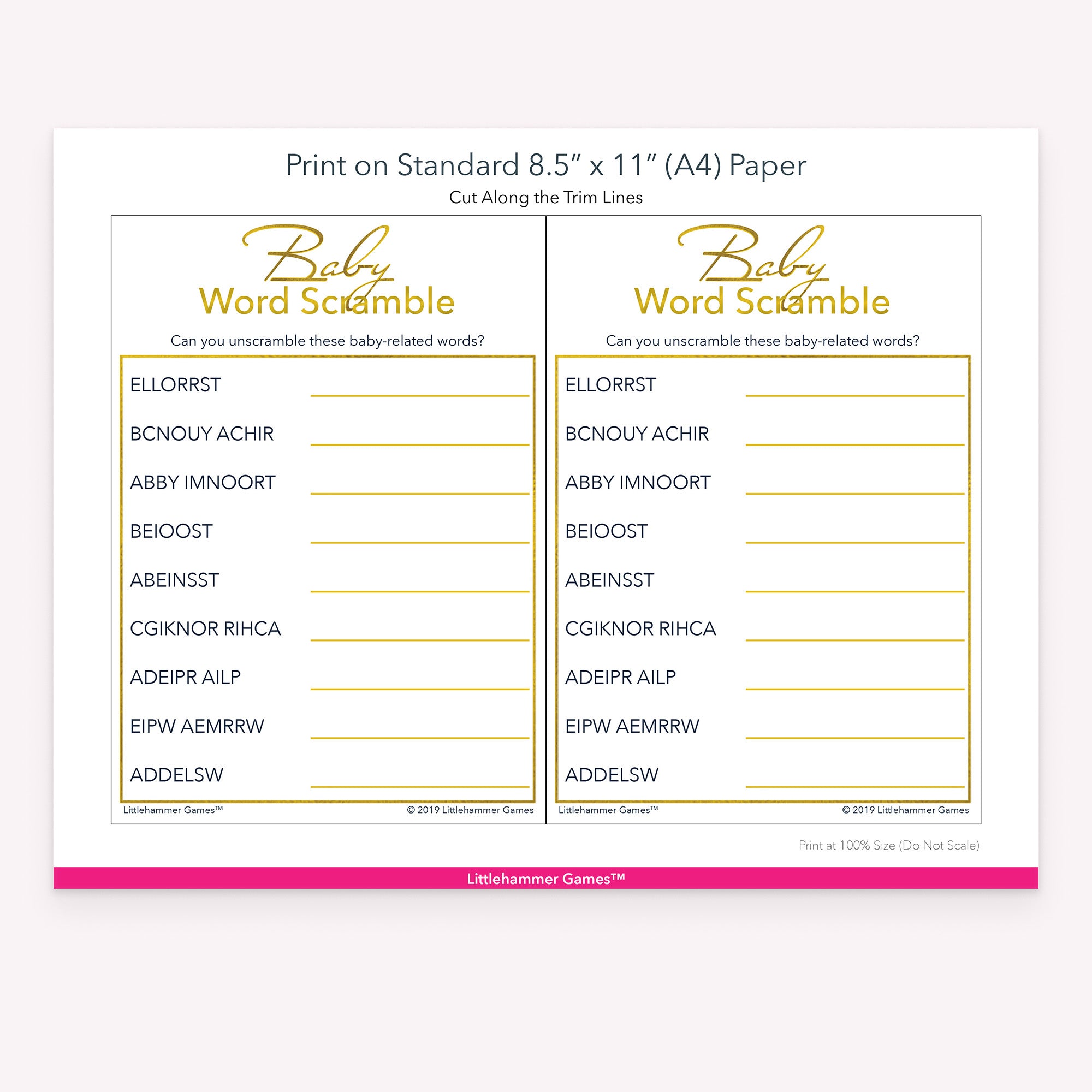 Printable gold and white Baby Word Scramble game card layout showing US Letter size dimensions and printing information