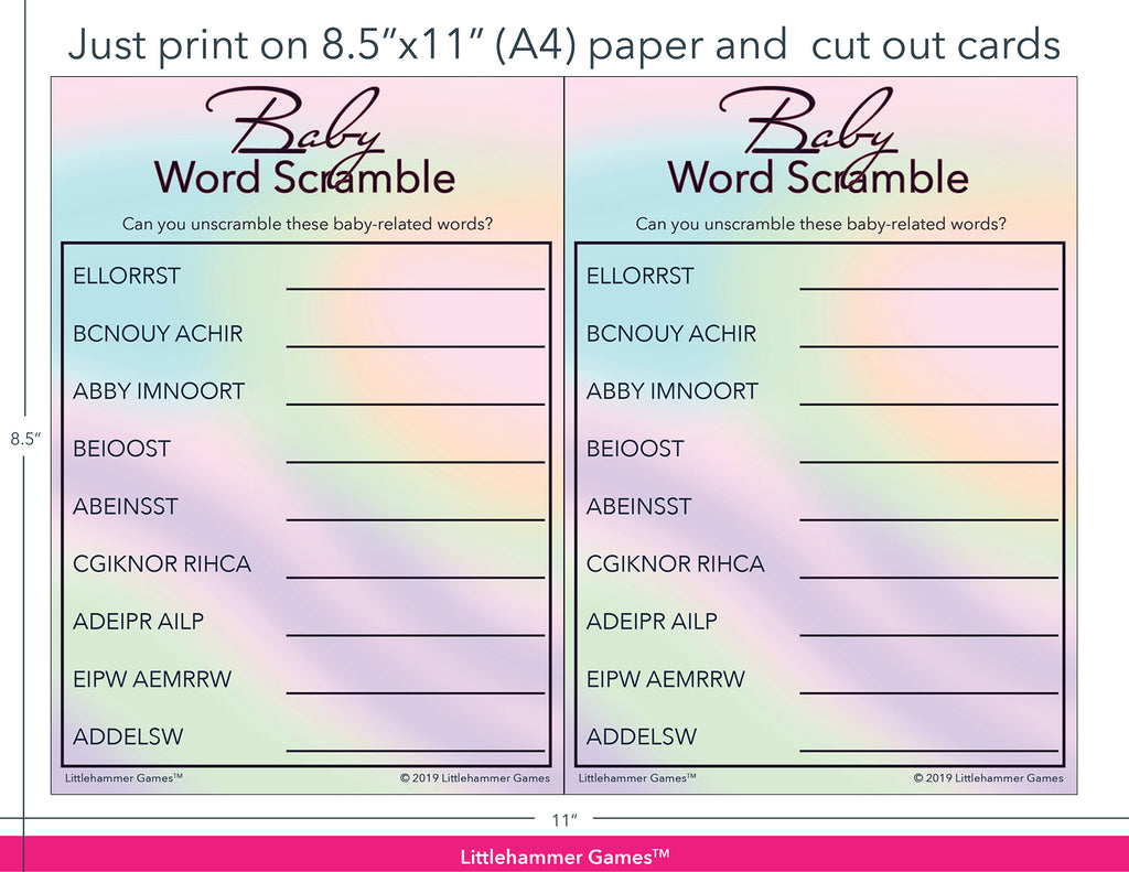 Baby Word Scramble rainbow hologram game cards with printing instructions