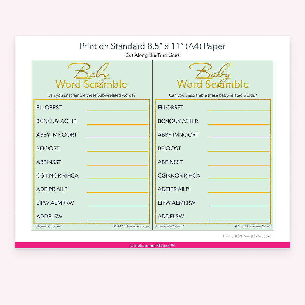 Printable mint and gold Baby Word Scramble game card layout showing US Letter size dimensions and printing information