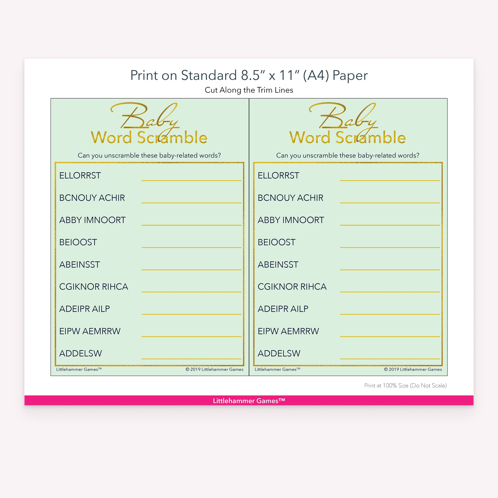 Printable mint and gold Baby Word Scramble game card layout showing US Letter size dimensions and printing information