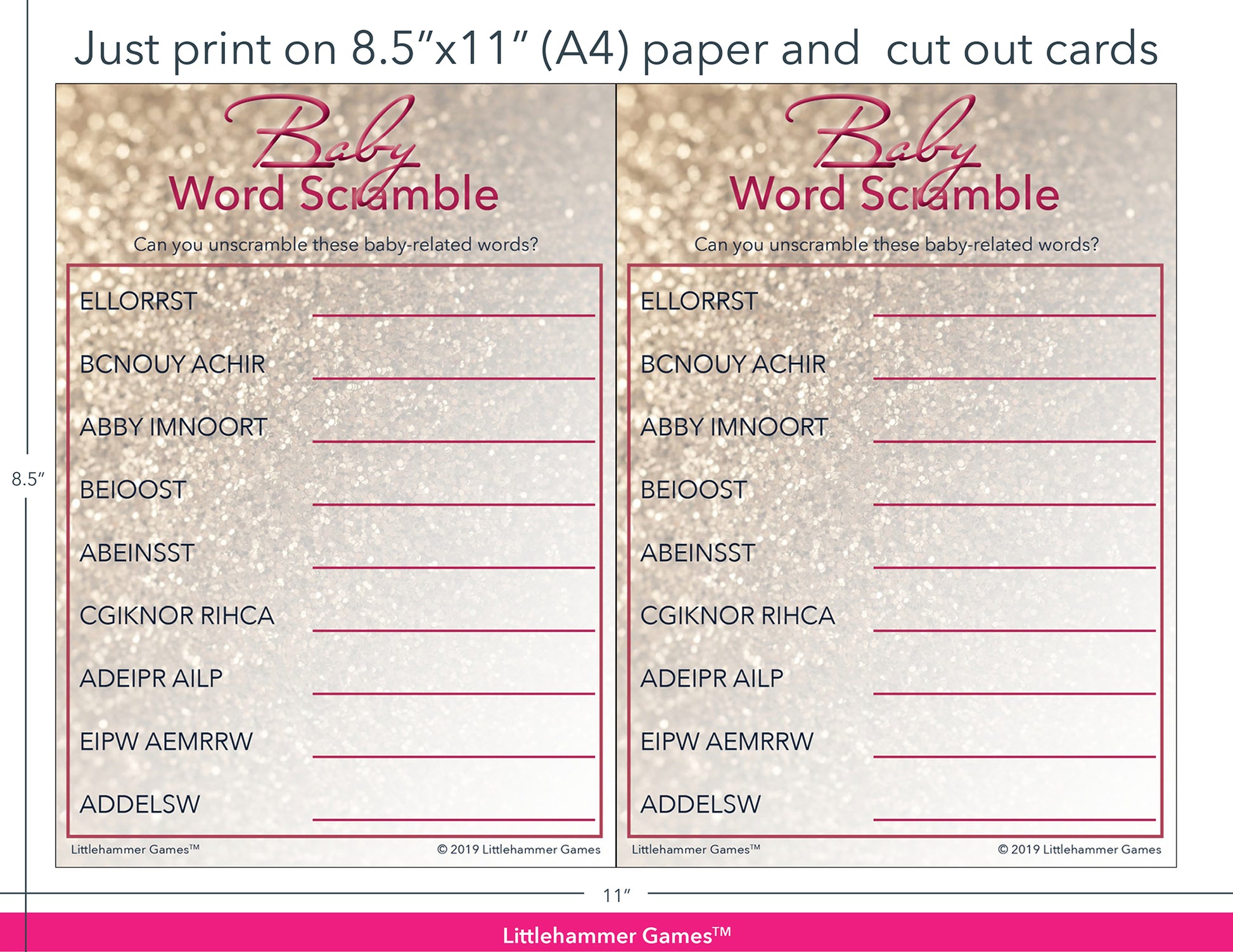 Baby Word Scramble glittery rose gold game cards with printing instructions