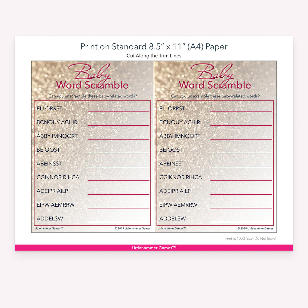 Printable glittery rose gold Baby Word Scramble game card layout showing US Letter size dimensions and printing information