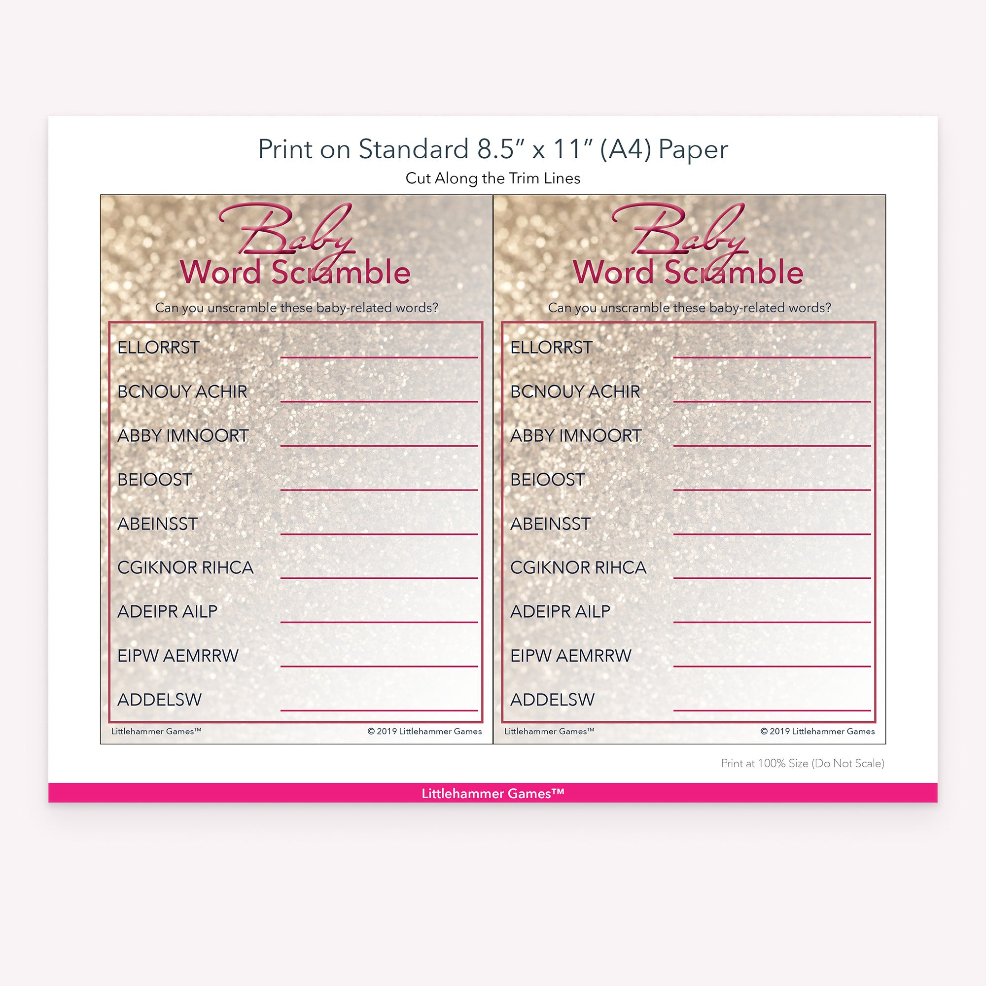 Printable glittery rose gold Baby Word Scramble game card layout showing US Letter size dimensions and printing information