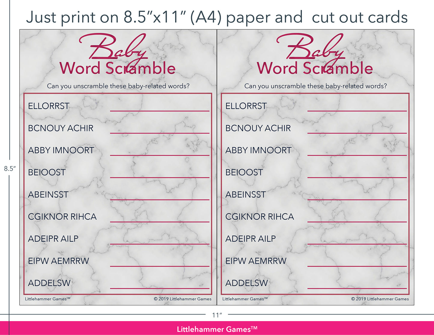 Baby Word Scramble rose gold and marble game cards with printing instructions