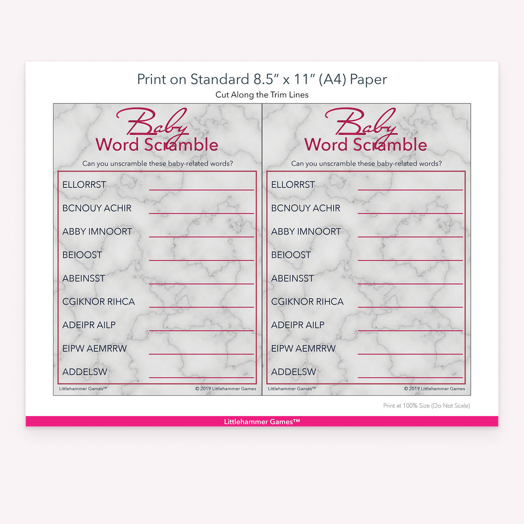 Printable rose gold and marble Baby Word Scramble game card layout showing US Letter size dimensions and printing information