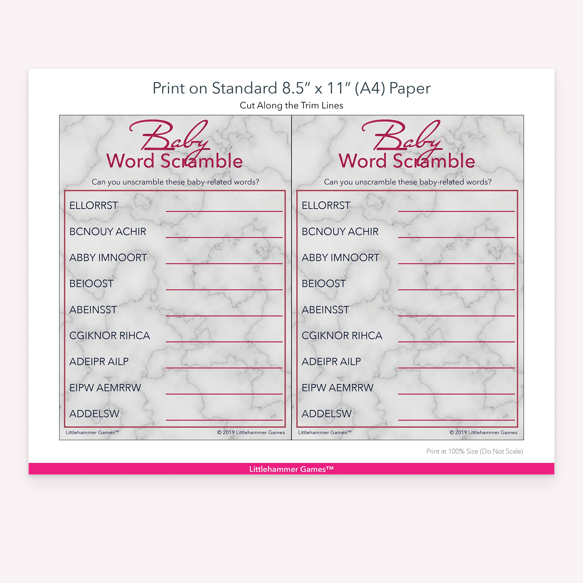 Printable rose gold and marble Baby Word Scramble game card layout showing US Letter size dimensions and printing information