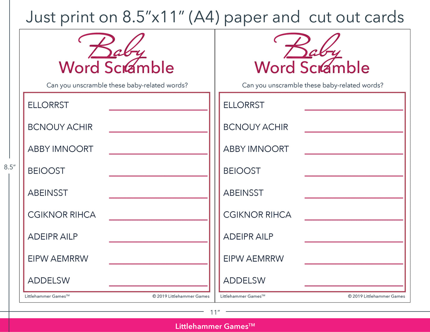 Baby Word Scramble rose gold game cards with printing instructions