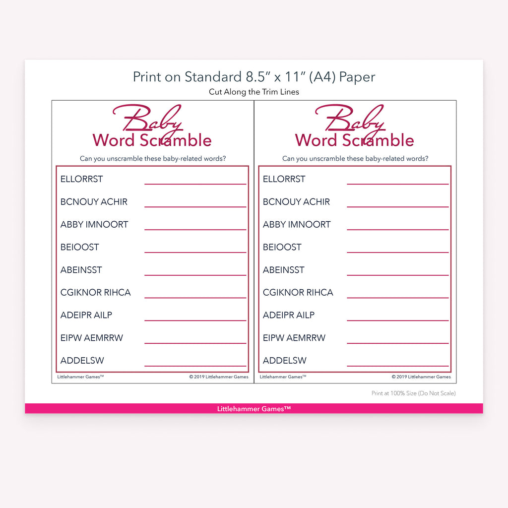 Printable rose gold Baby Word Scramble game card layout showing US Letter size dimensions and printing information