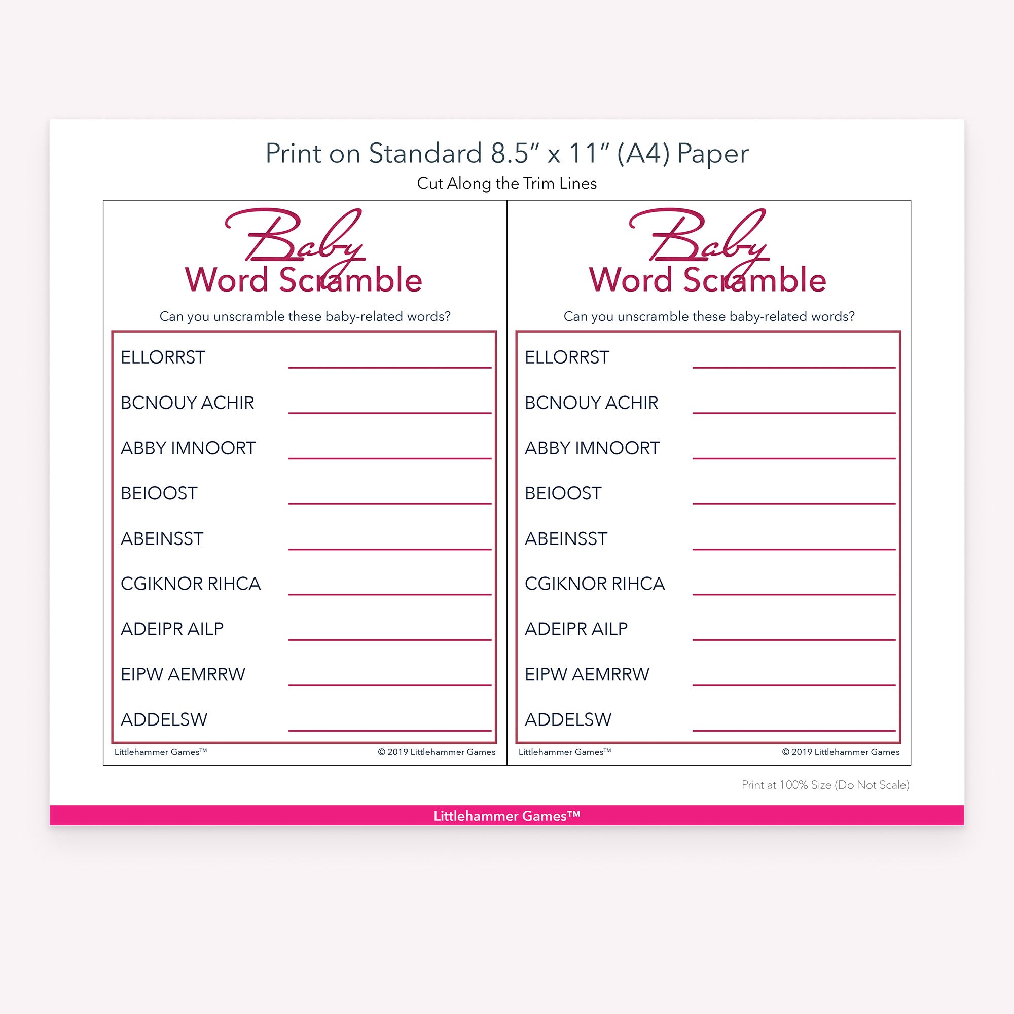Printable rose gold Baby Word Scramble game card layout showing US Letter size dimensions and printing information