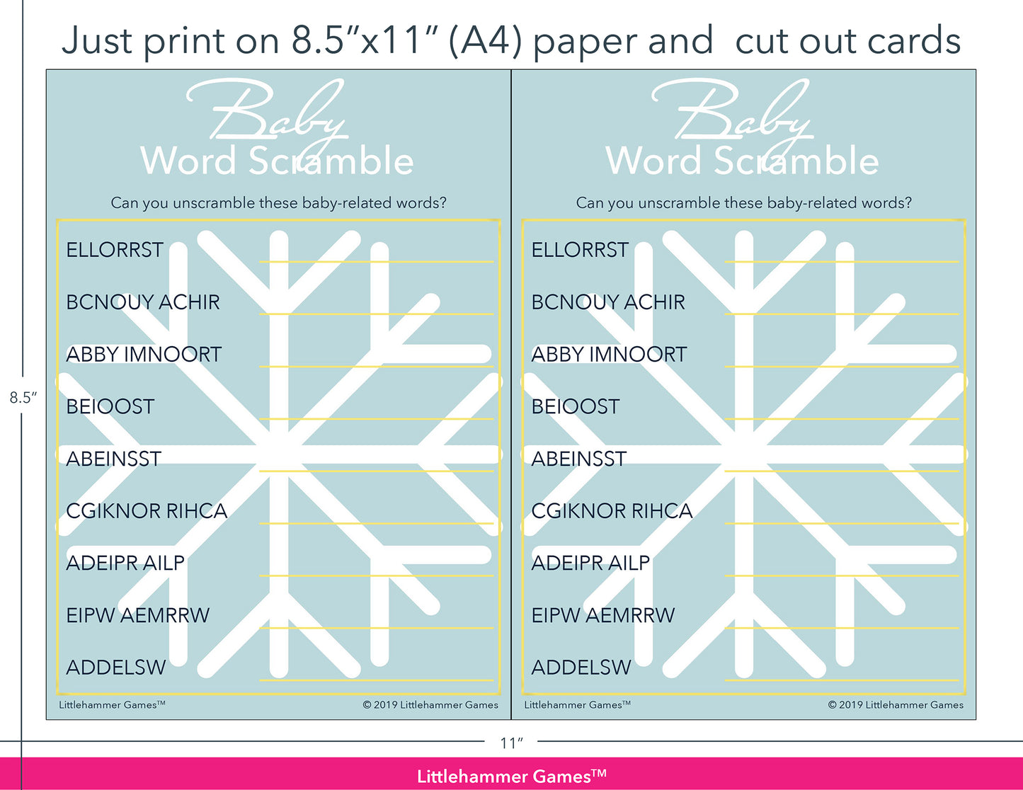 Baby Word Scramble snowflake game cards with printing instructions