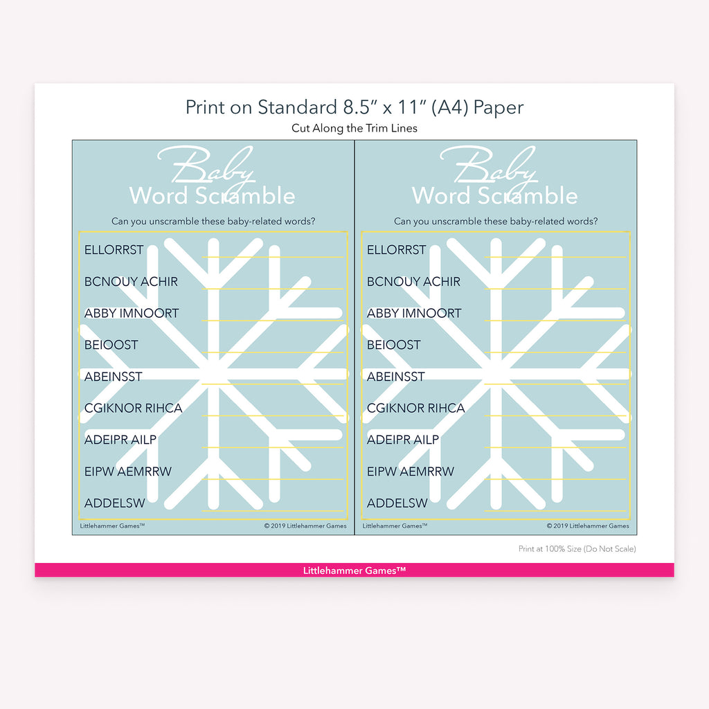 Printable snowflake Baby Word Scramble game card layout showing US Letter size dimensions and printing information