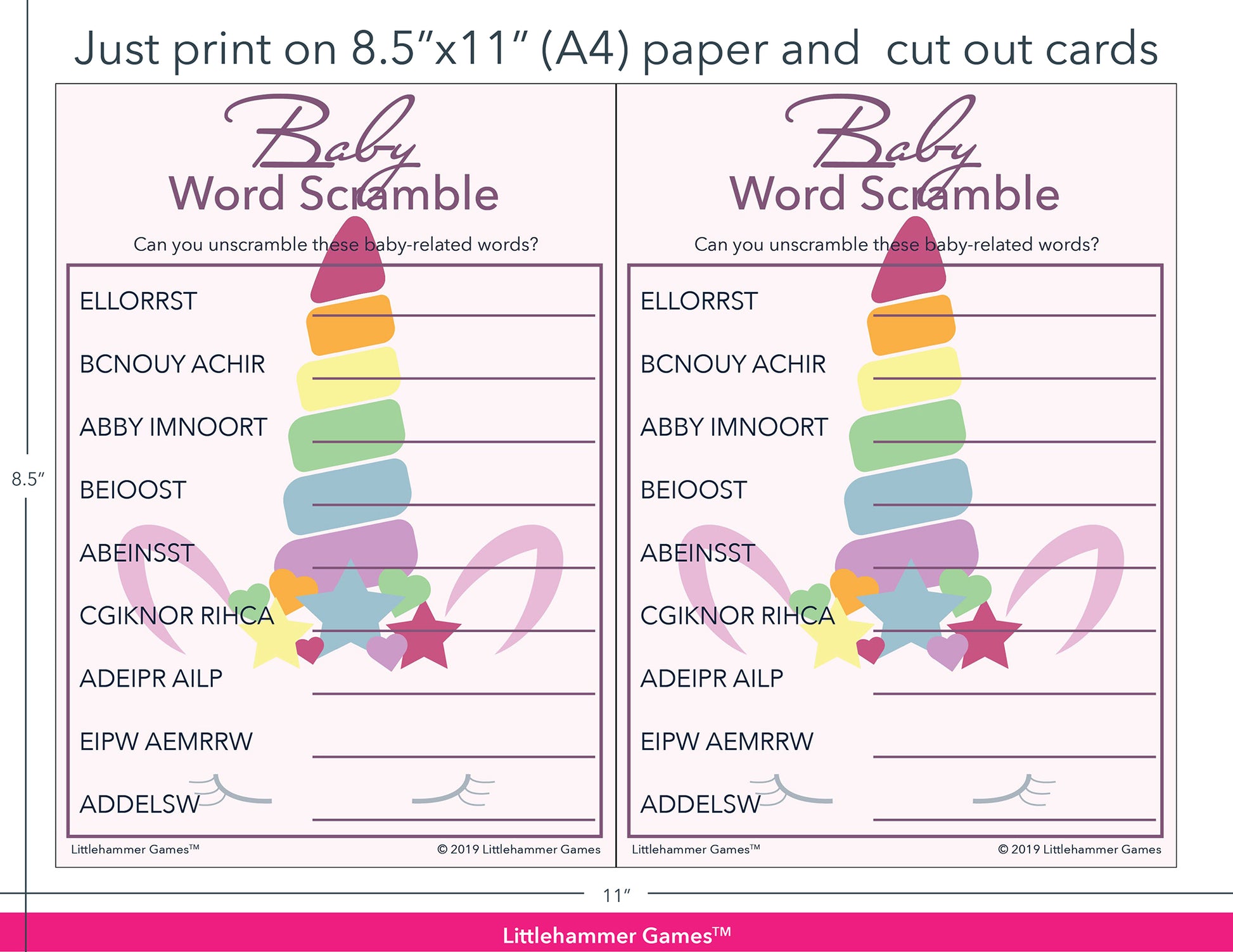 Baby Word Scramble unicorn game cards with printing instructions