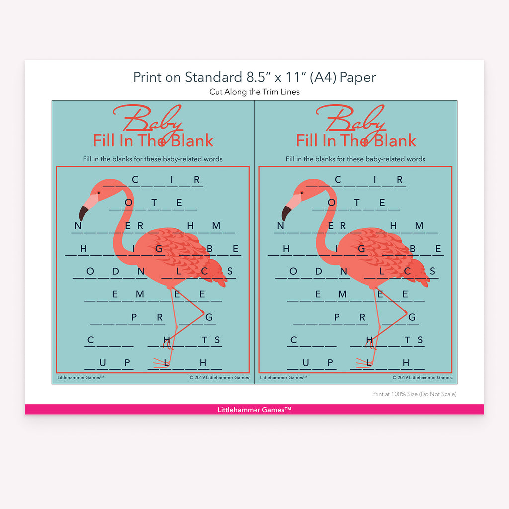 Printable flamingo Baby Fill in the Blank game card layout showing US Letter size dimensions and printing information