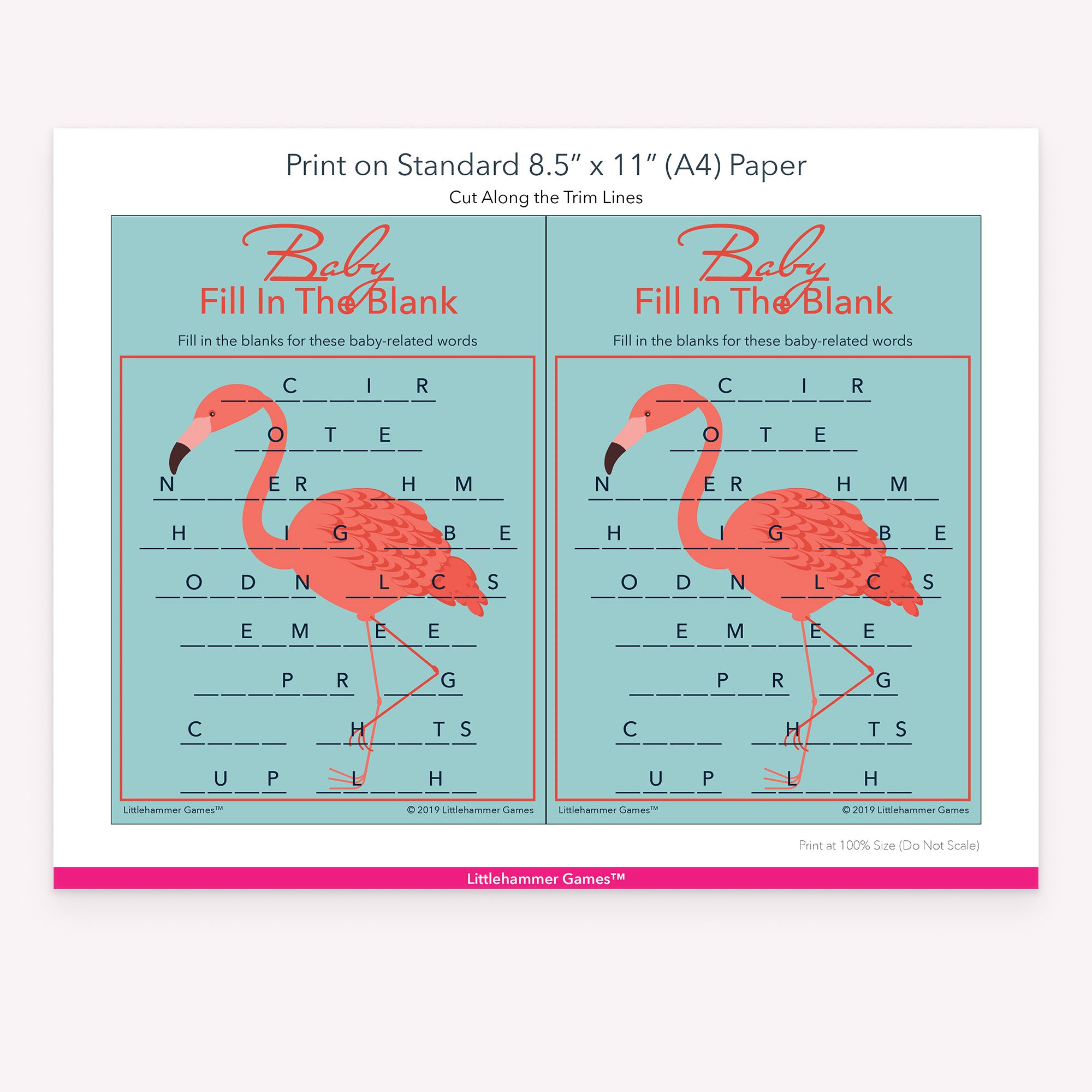 Baby Fill in the Blank flamingo game cards with printing instructions