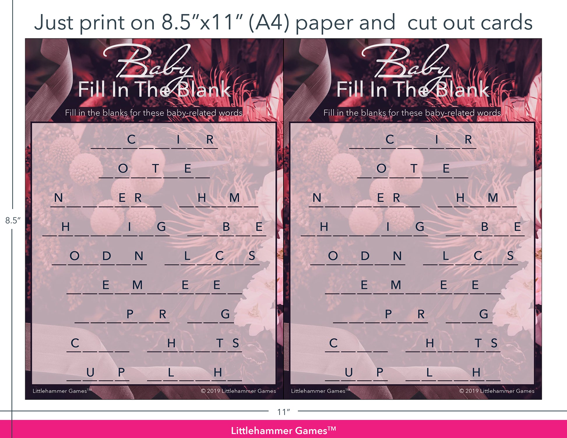 Baby Fill in the Blank floral game cards with printing instructions