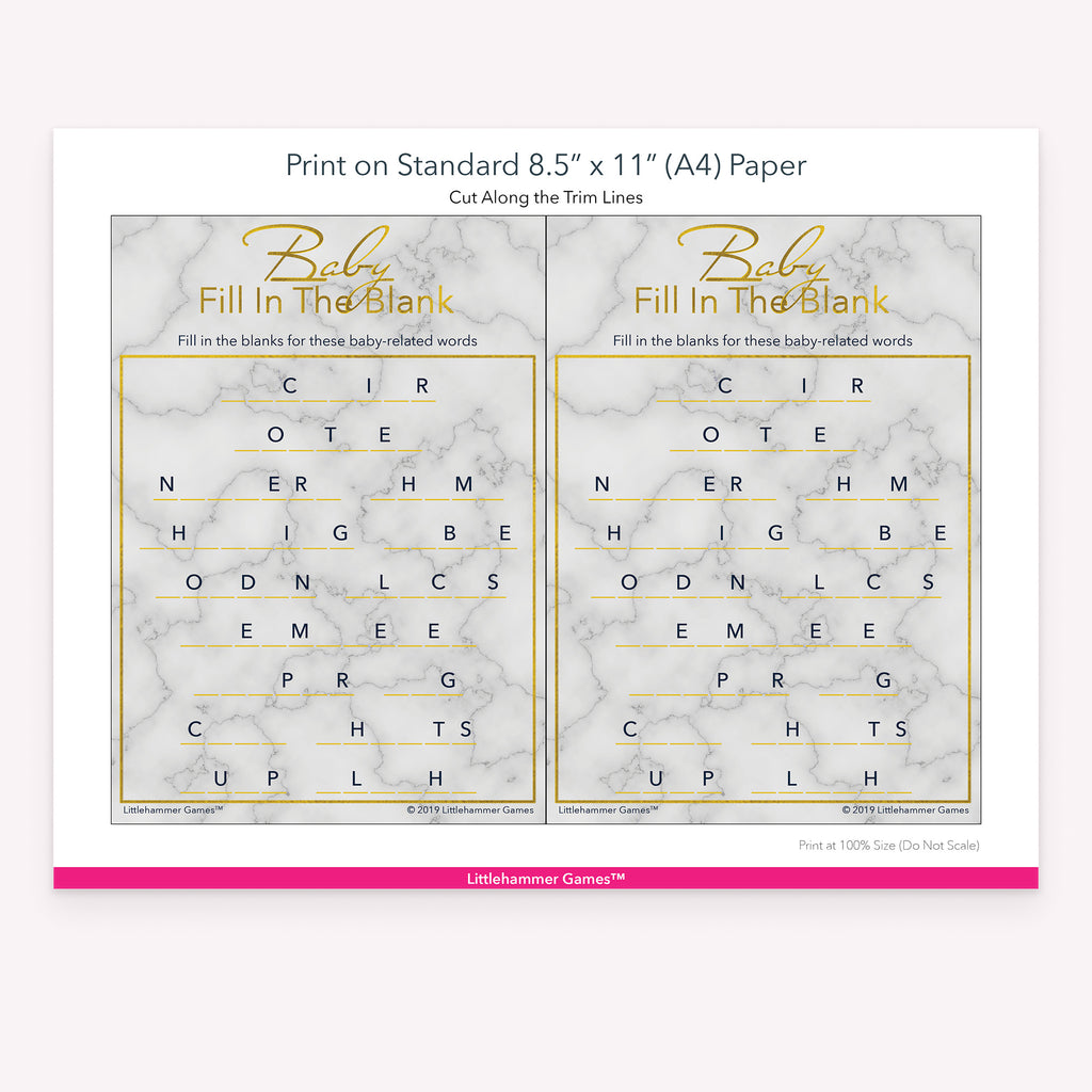 Printable gold marble Baby Fill in the Blank game card layout showing US Letter size dimensions and printing information
