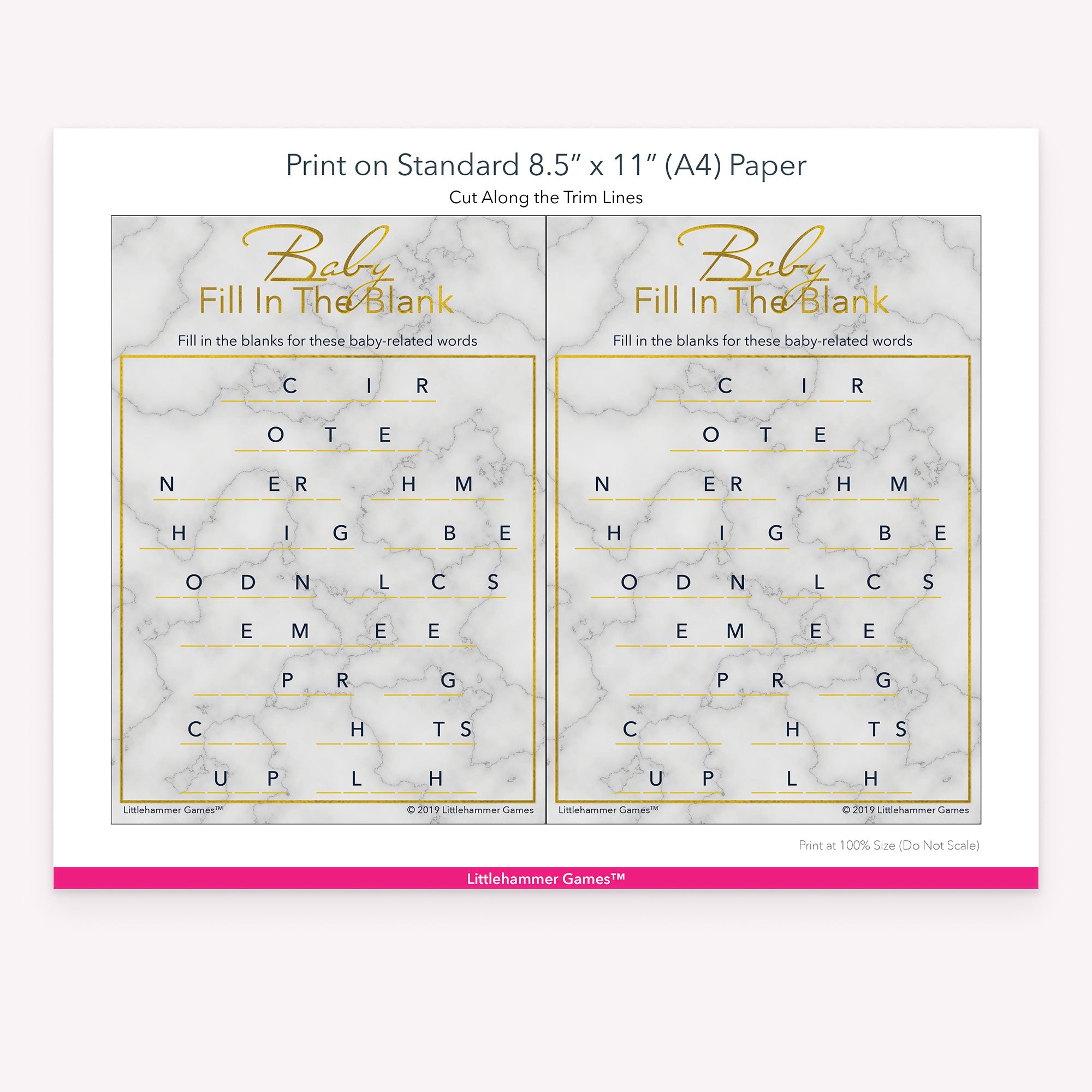 Printable gold marble Baby Fill in the Blank game card layout showing US Letter size dimensions and printing information