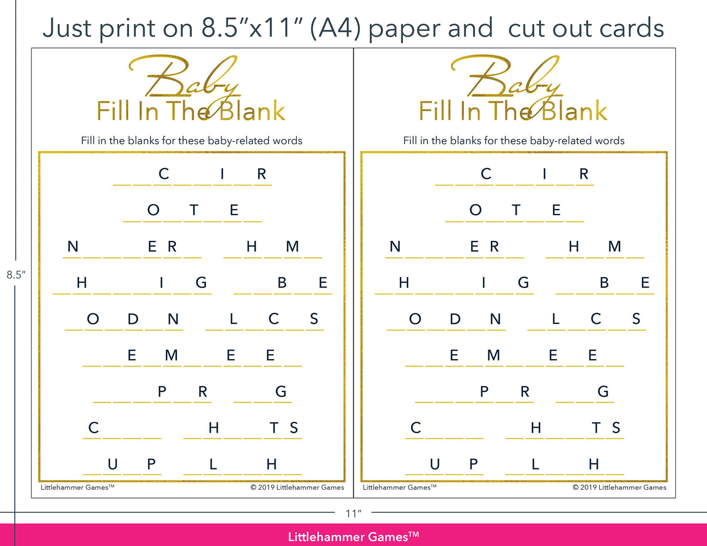 Baby Fill in the Blank gold game cards with printing instructions