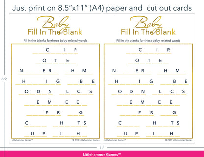 Baby Fill in the Blank gold game cards with printing instructions