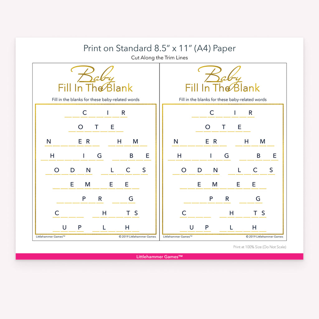 Printable gold and white Baby Fill in the Blank game card layout showing US Letter size dimensions and printing information