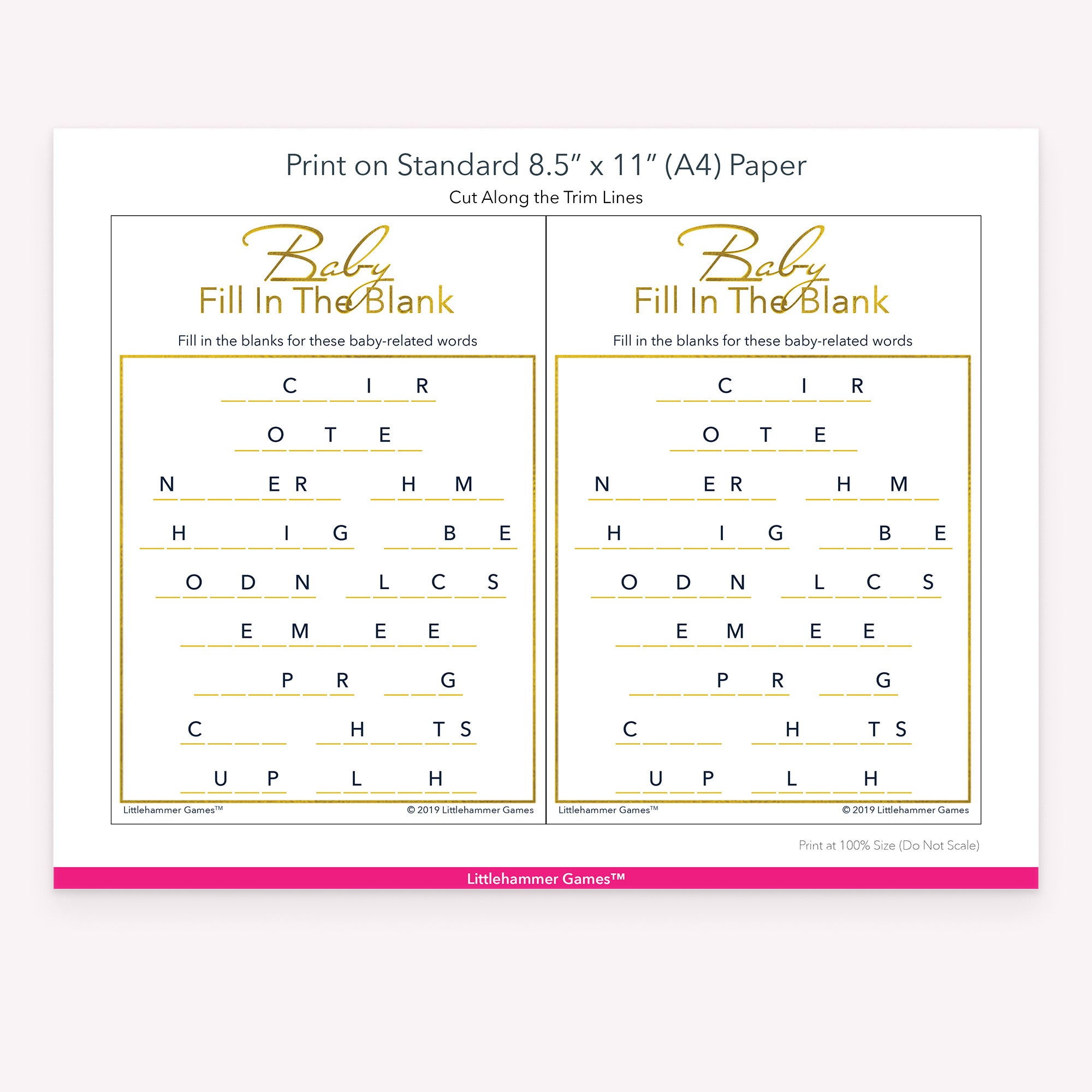 Printable gold and white Baby Fill in the Blank game card layout showing US Letter size dimensions and printing information