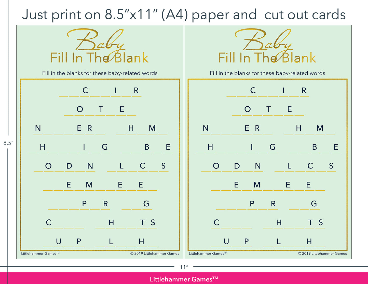 Baby Fill in the Blank mint and gold game cards with printing instructions