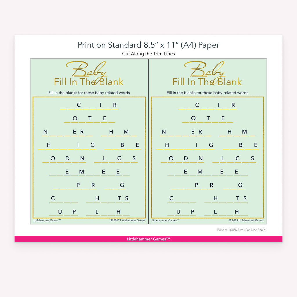 Printable mint green and gold Baby Fill in the Blank game card layout showing US Letter size dimensions and printing information